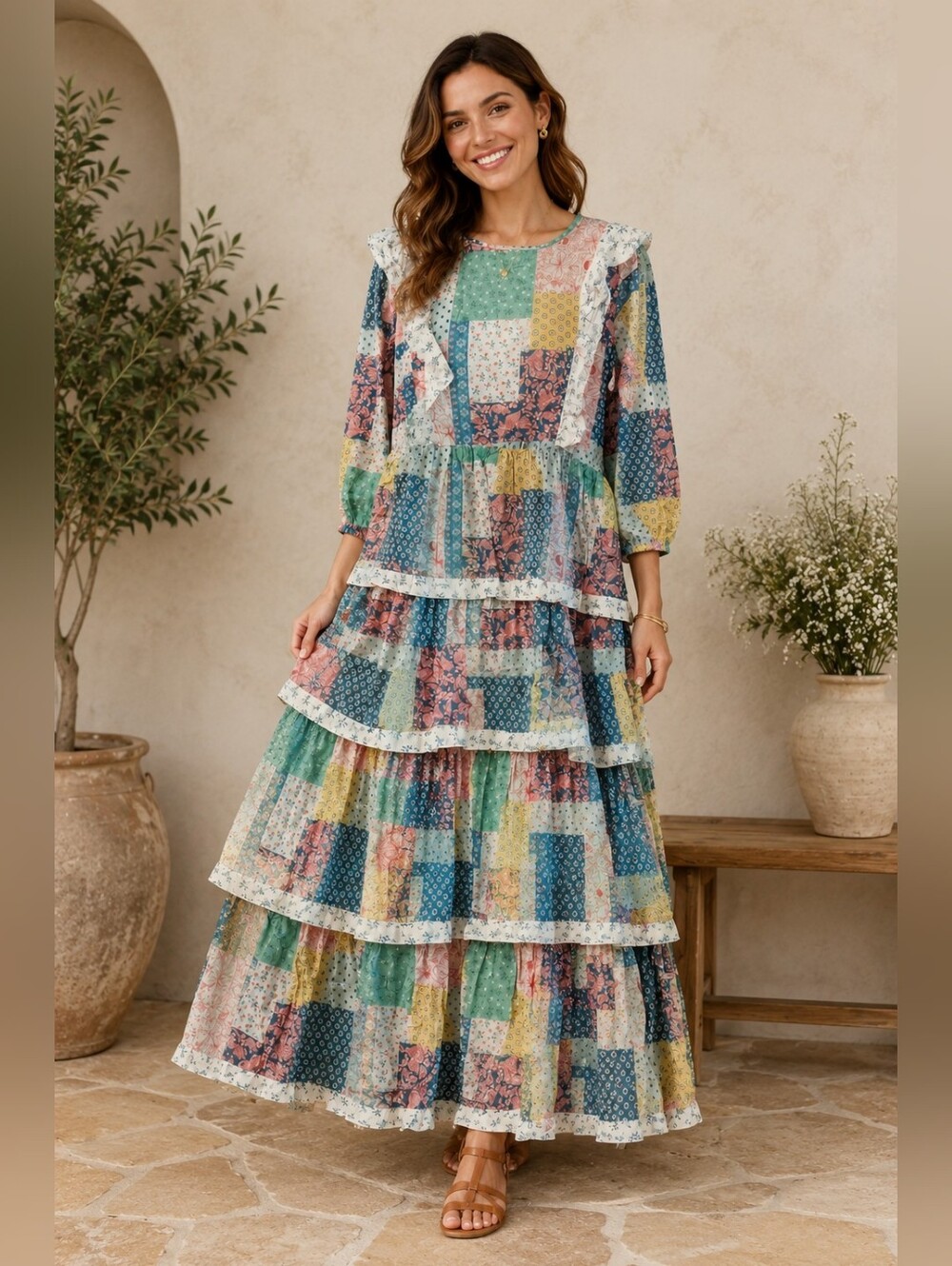 NWT SIMPLY SOITHERN Multi-Color Patchwork Ruffle Dress SZ L